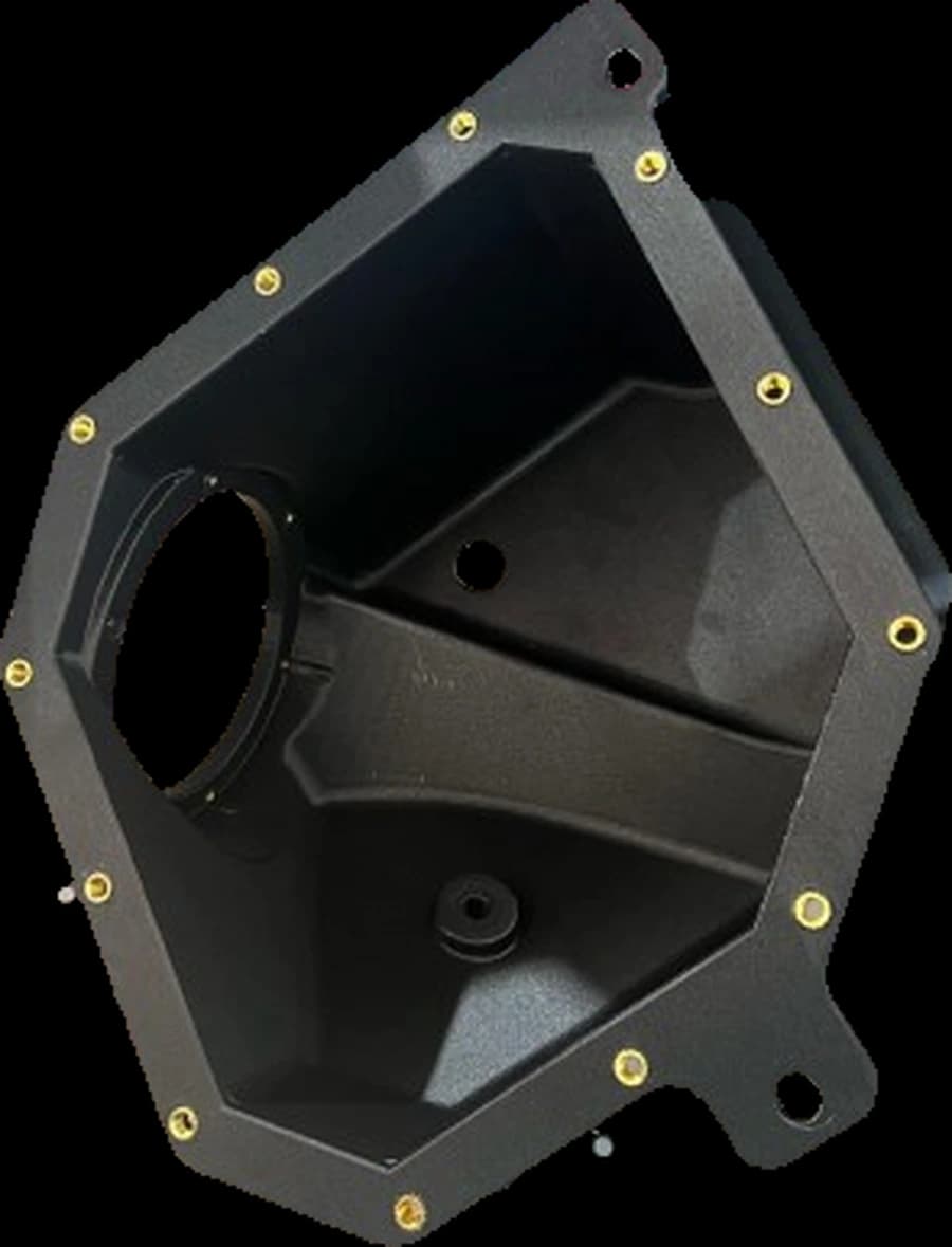 Roccomotive PC-CF airbox shell with brass heat-set inserts, machined flange and factory mounting tabs