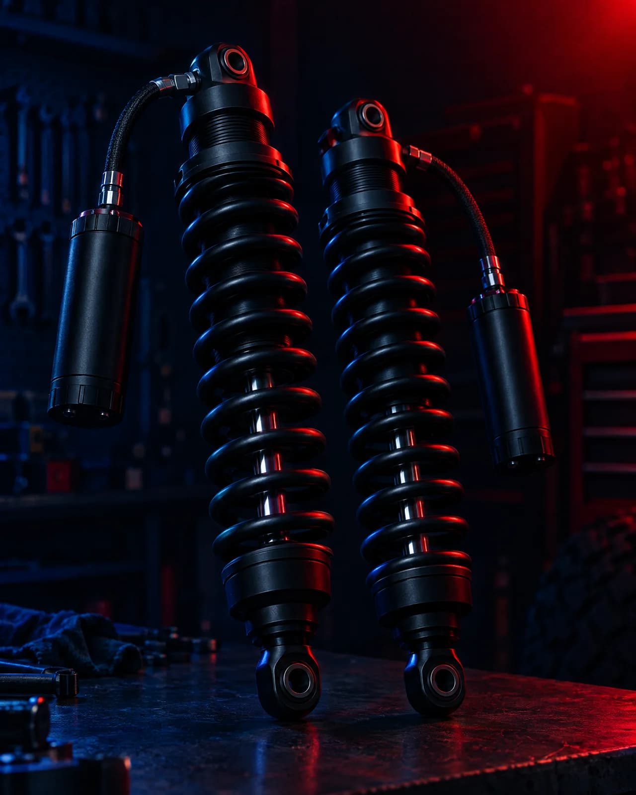 A pair of heavy-duty 4x4 dampers standing on a dark workshop bench