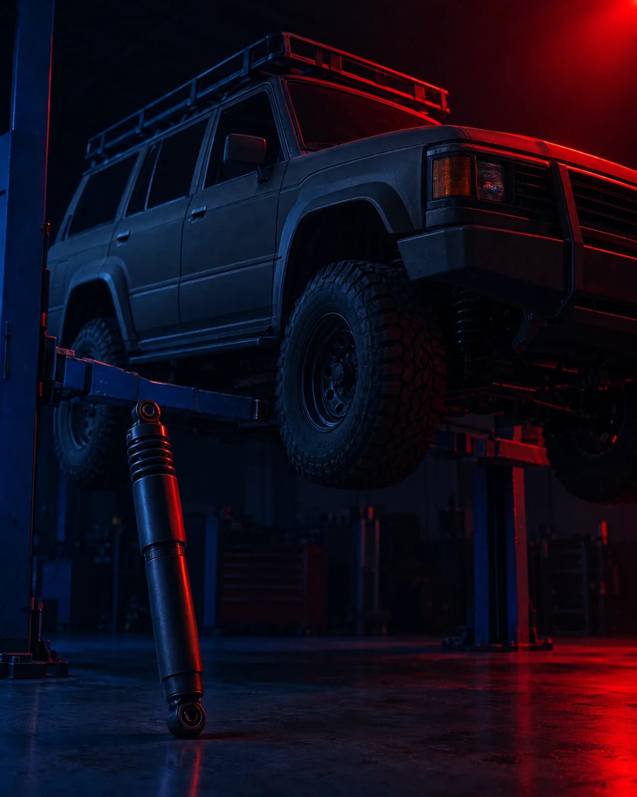 A LandCruiser wagon on a workshop hoist with a heavy-duty damper beside it, under a red key light