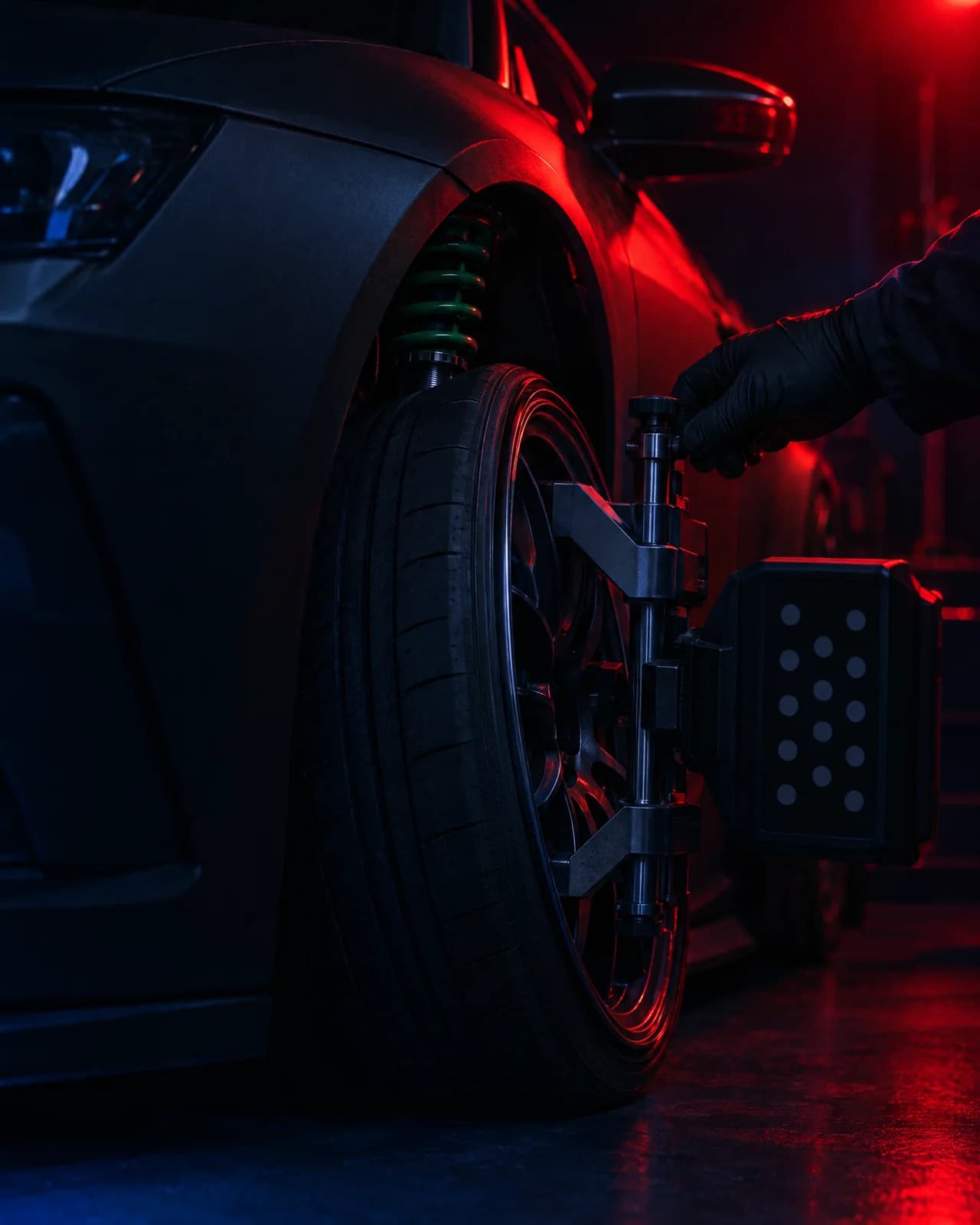 A freshly lowered car with the wheel tucked in the arch and an alignment head being clamped on