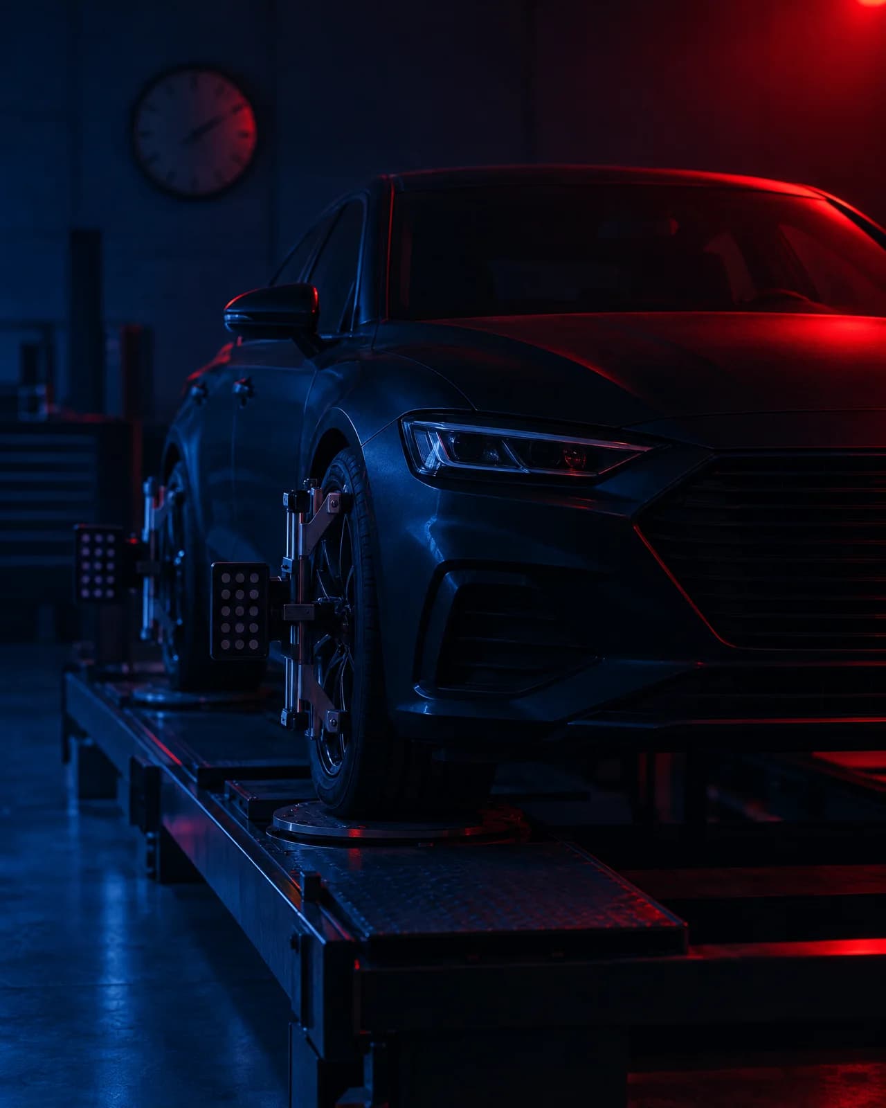 A car on an alignment rack seen from the front with heads on both wheels