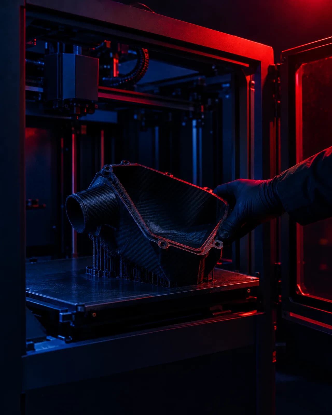 A finished carbon-fibre airbox half being lifted from a 3D printer's build plate