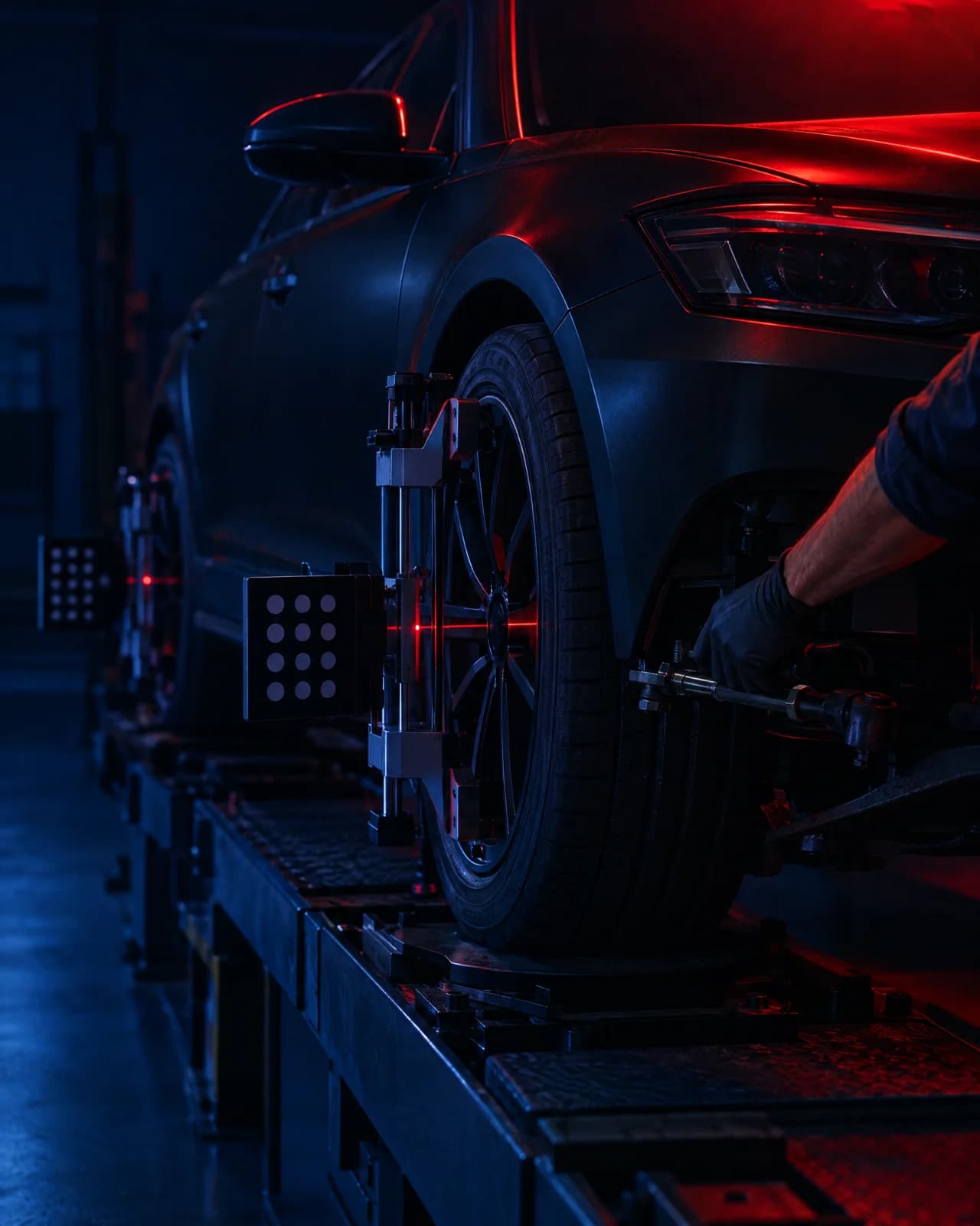 A car on an alignment rack with a laser head clamped to the front wheel