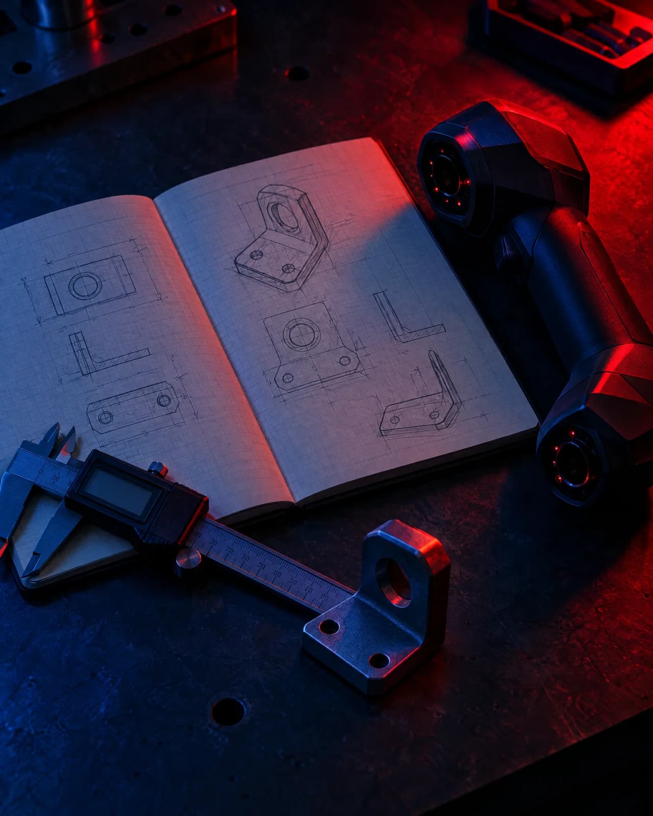 An engineering notebook with sketches, calipers, a printed bracket and a scanner on a bench