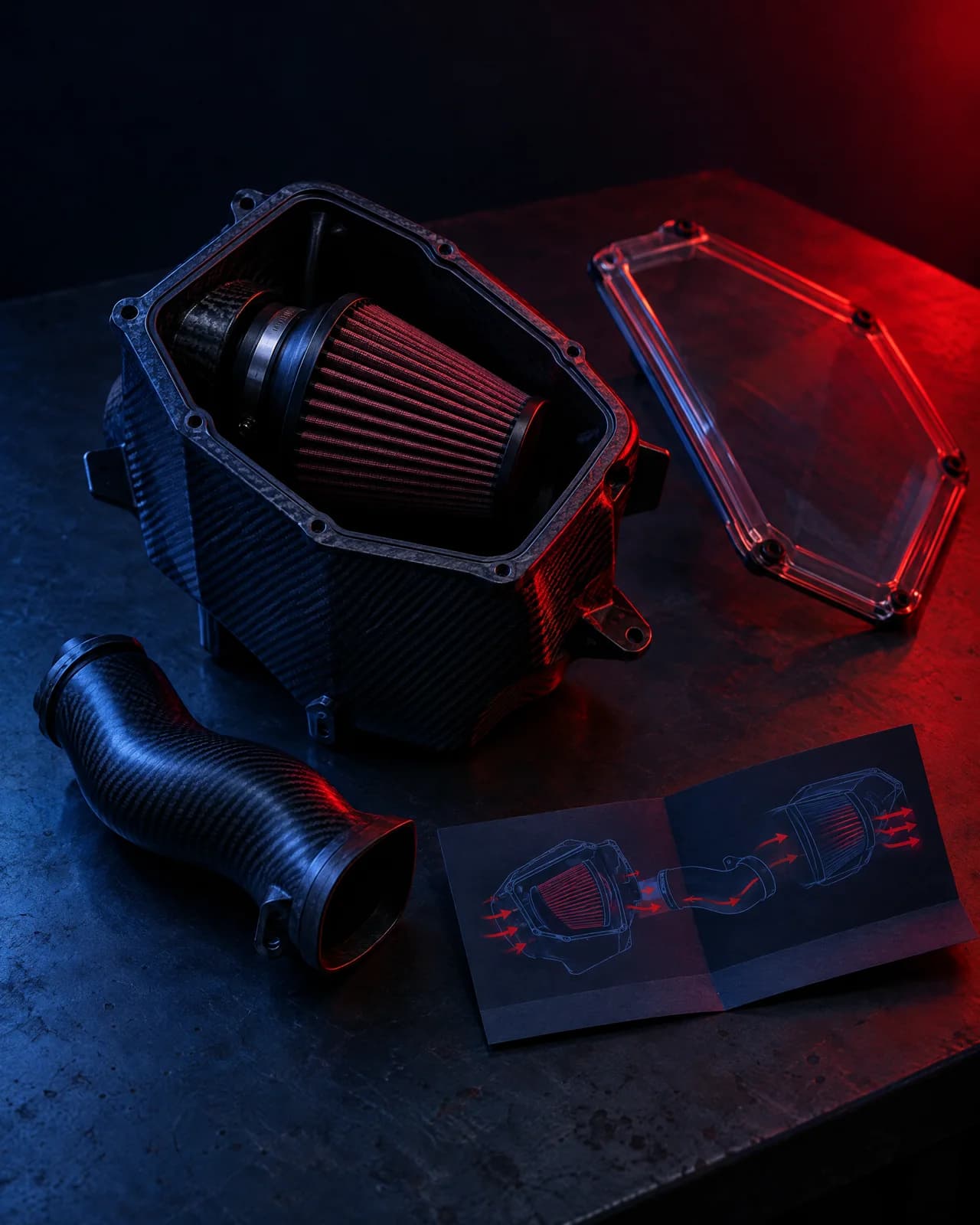 An open airbox with its clear lid propped beside it and a printed exit pipe on a bench