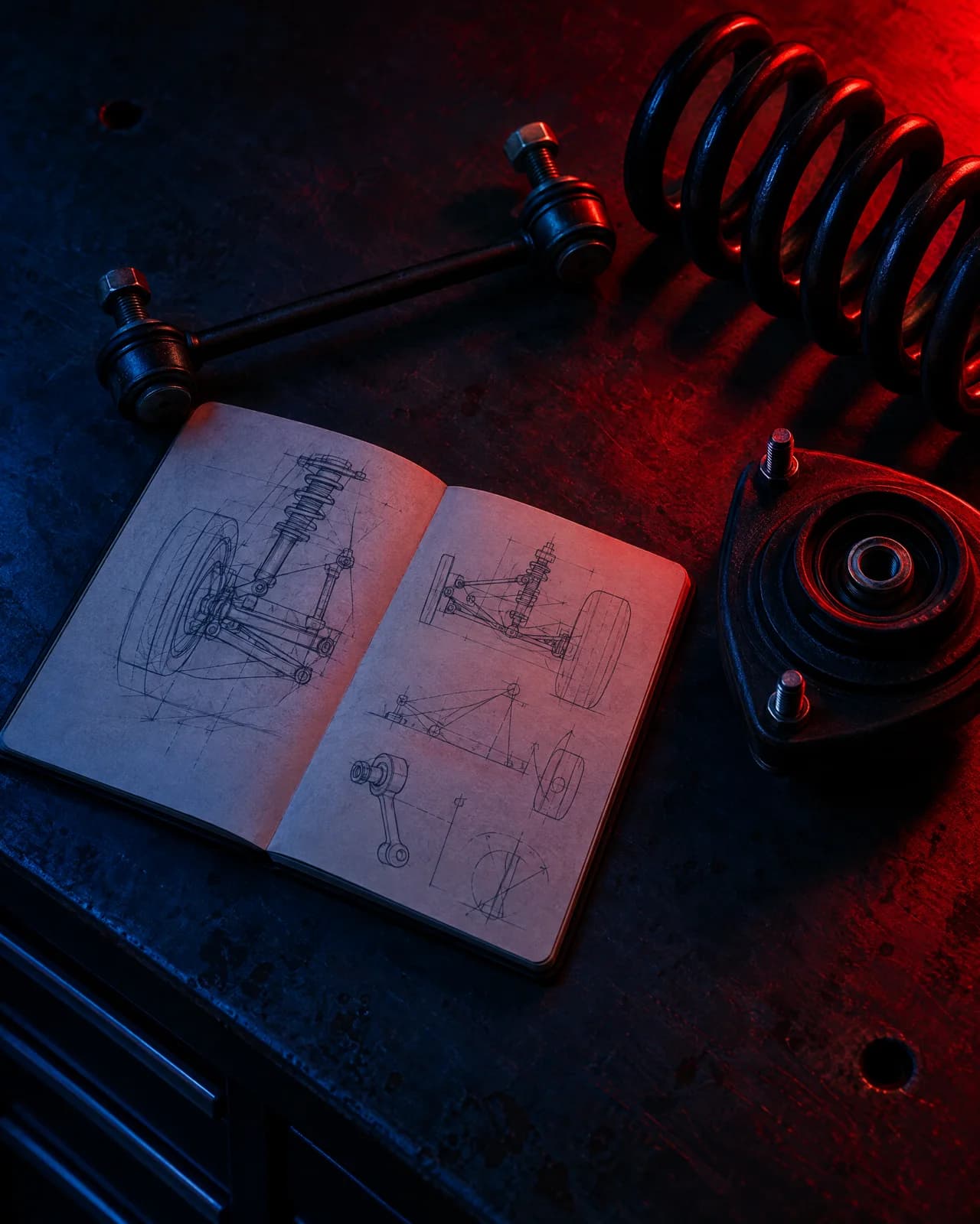 An open notebook with suspension sketches, a sway bar link, a spring and a damper mount on a bench