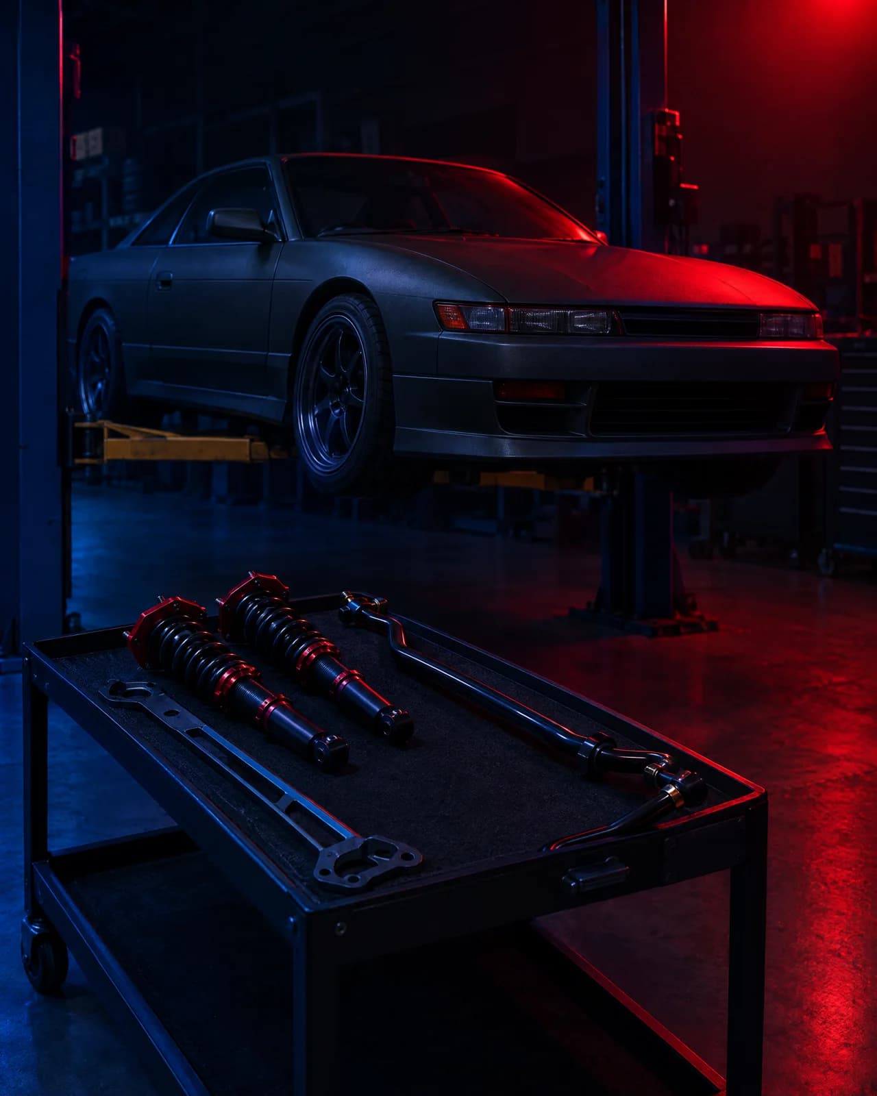 A coupe on a workshop hoist with a parts trolley holding coilovers, a sway bar and a strut brace