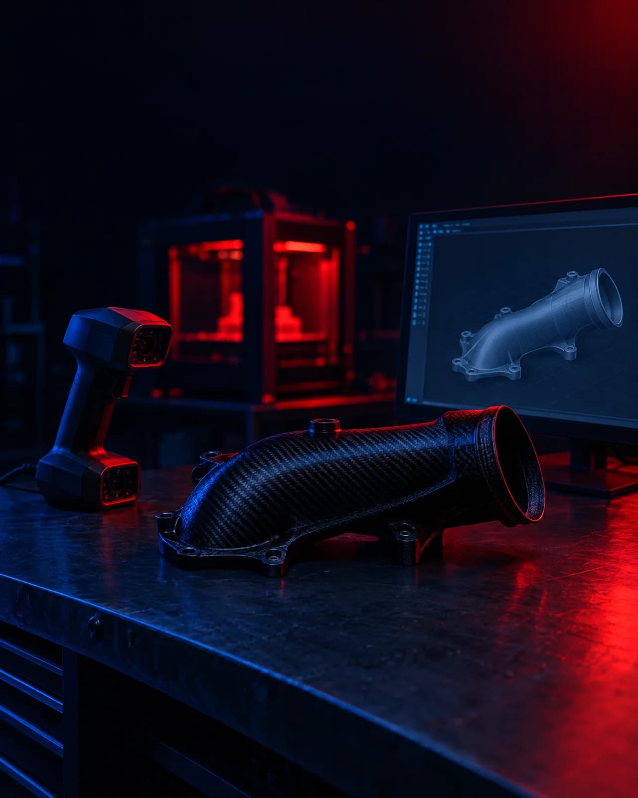 A handheld 3D scanner, a printed intake part and a CAD monitor on one workbench