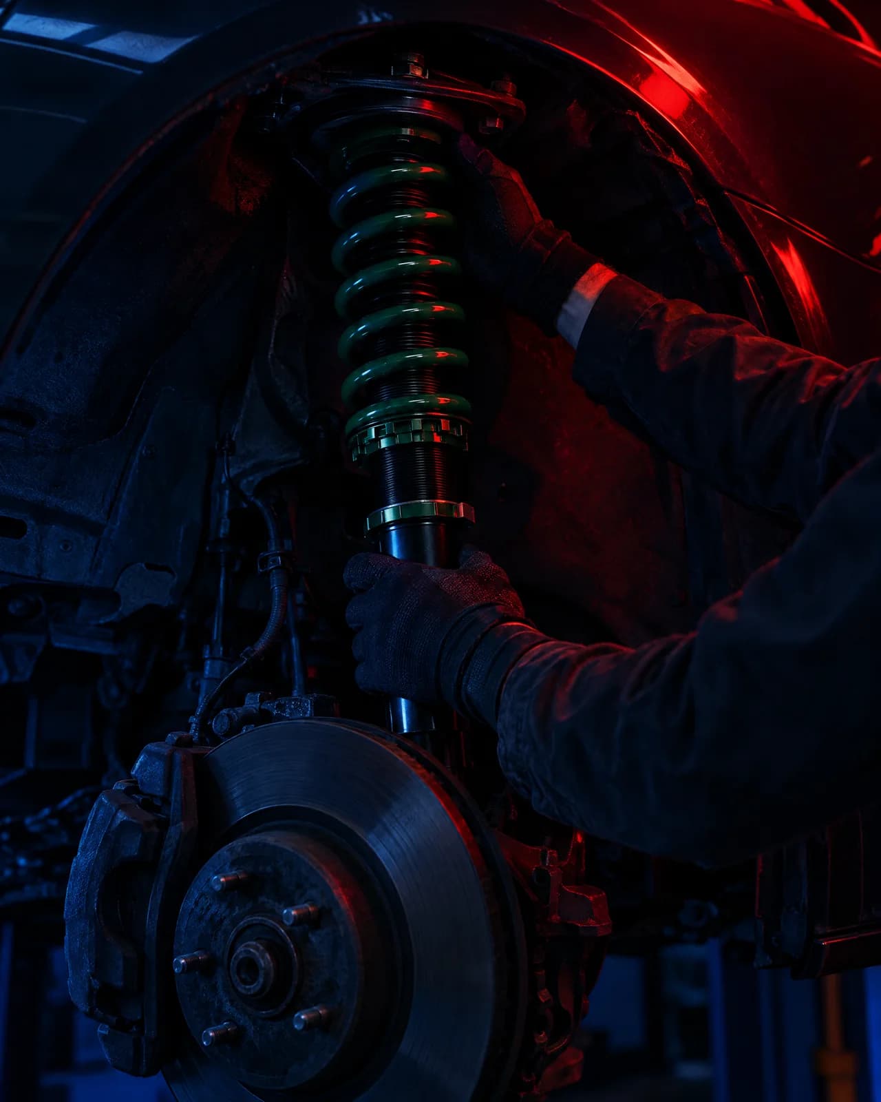 Gloved hands fitting an adjustable coilover into the front strut tower of a car on a hoist