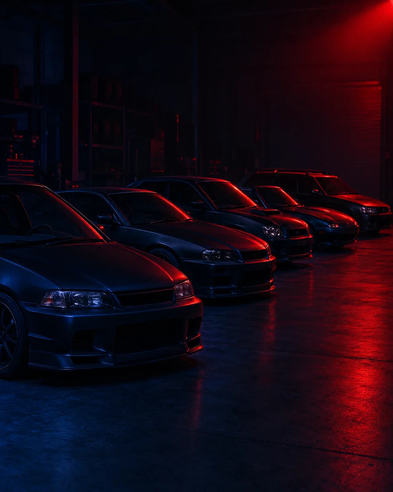 A row of Japanese performance cars parked nose-out in a dark workshop