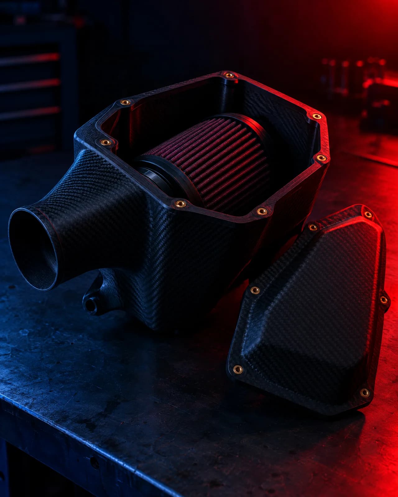 Roccomotive PC-CF performance airbox with clear polycarbonate lid and brass inserts