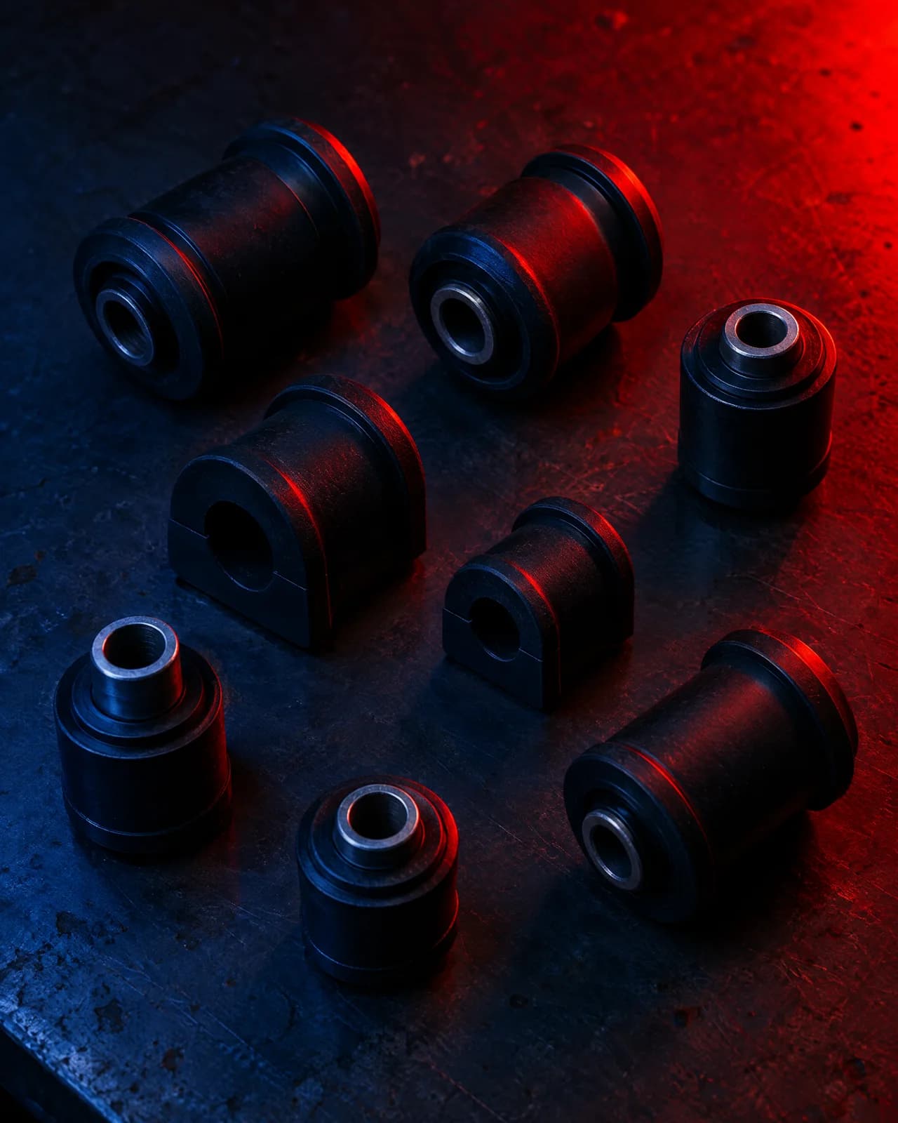 A set of polyurethane suspension bushes and sway bar bushes arranged on a dark bench