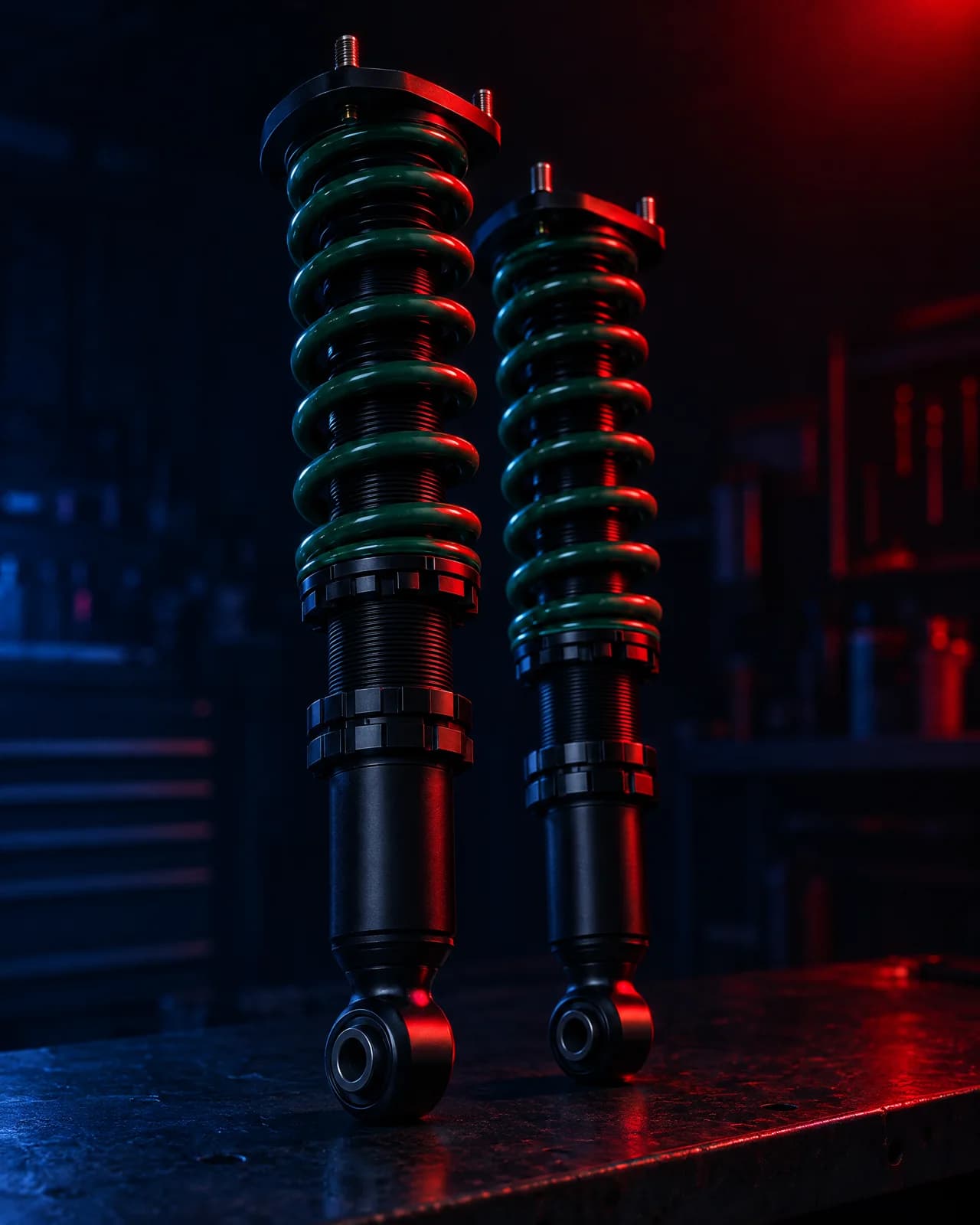 A pair of adjustable coilovers standing on a dark bench under a red key light