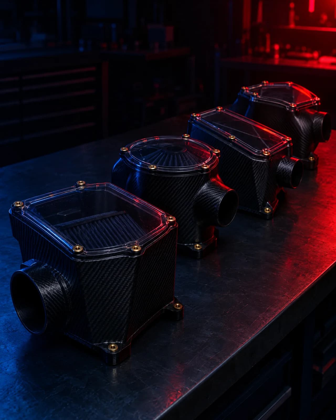 A row of Roccomotive black carbon-fibre airboxes with clear lids on a workshop bench