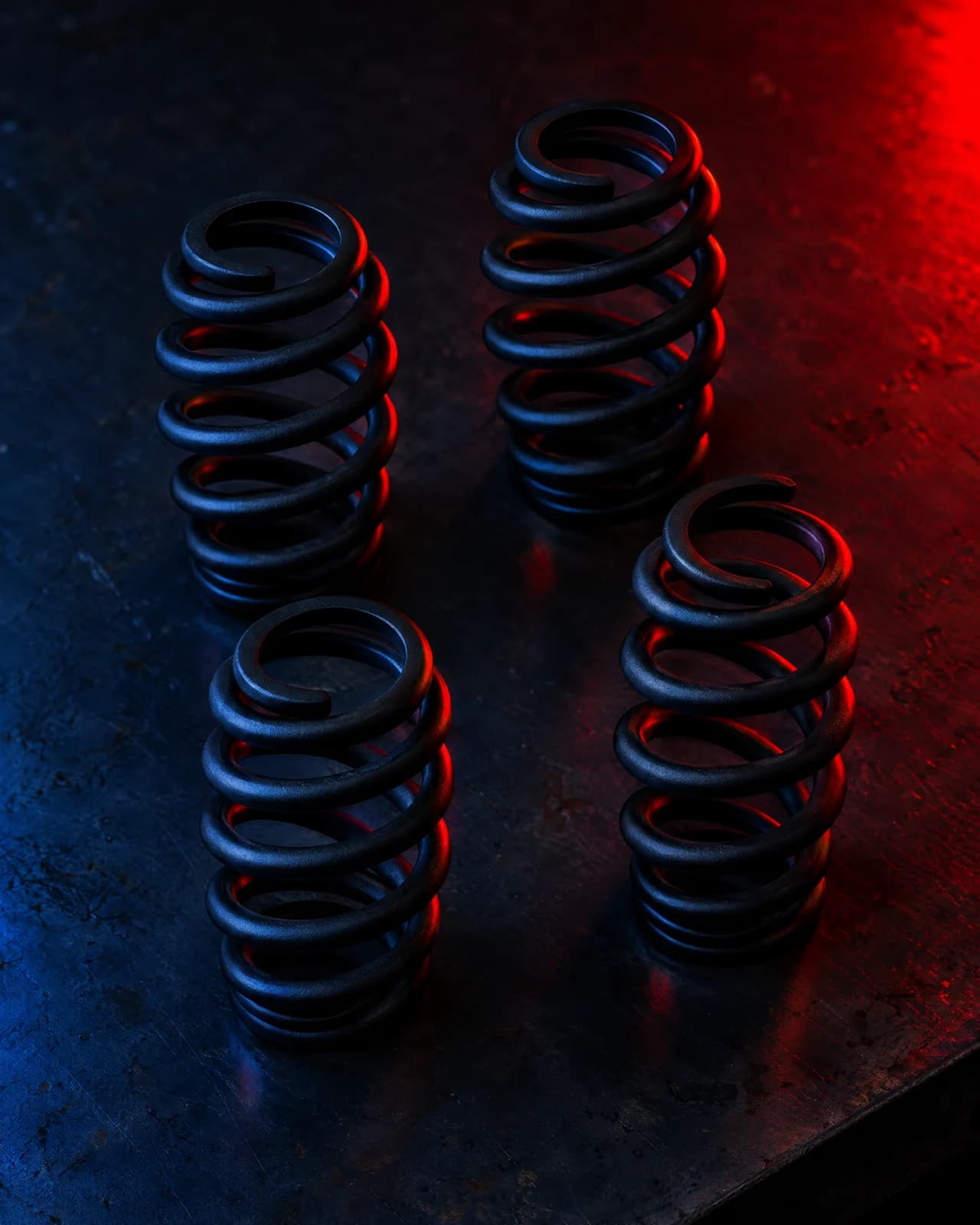 A set of four black lowering springs on a dark steel bench