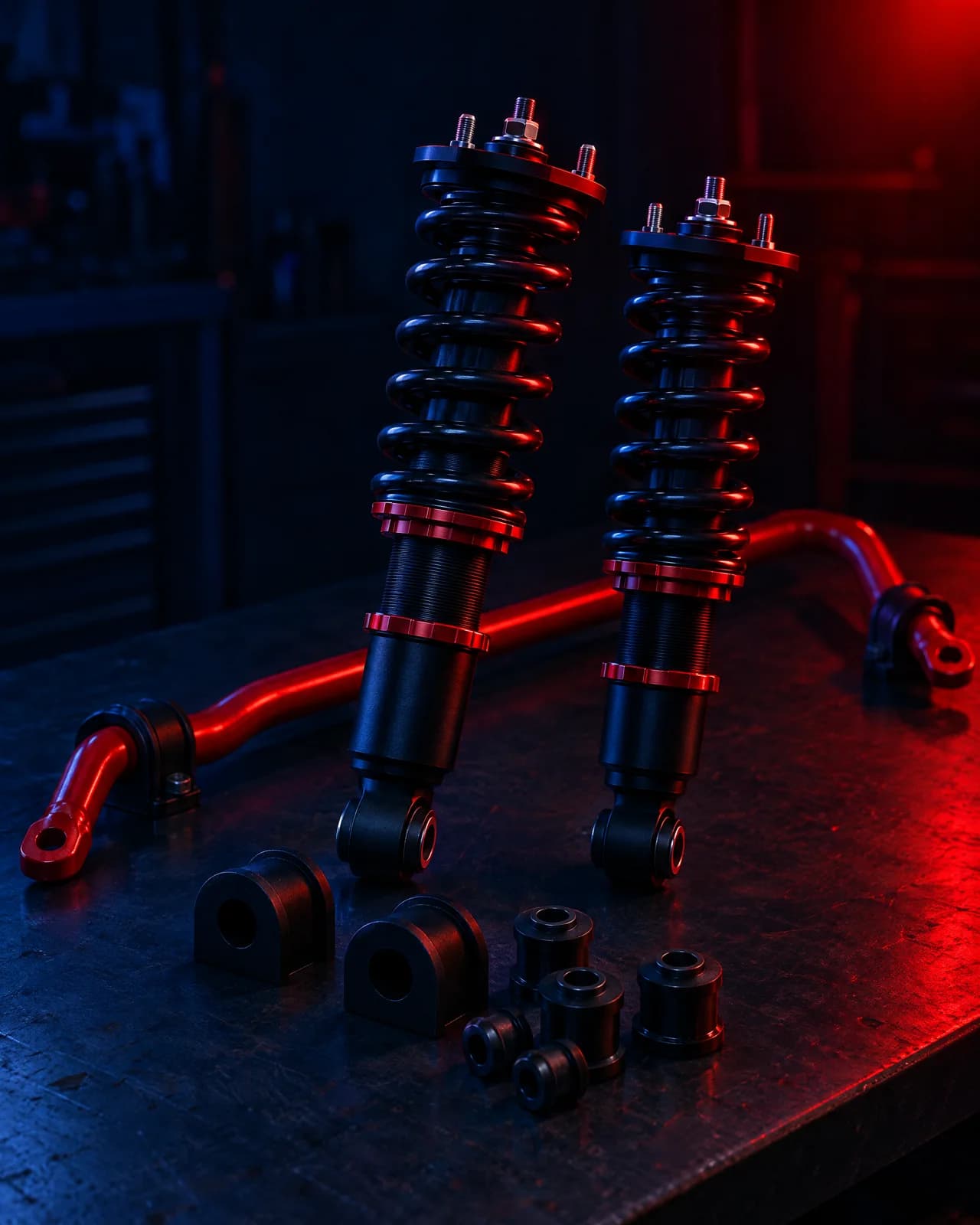 Coilovers, sway bar and bushes laid out on a bench