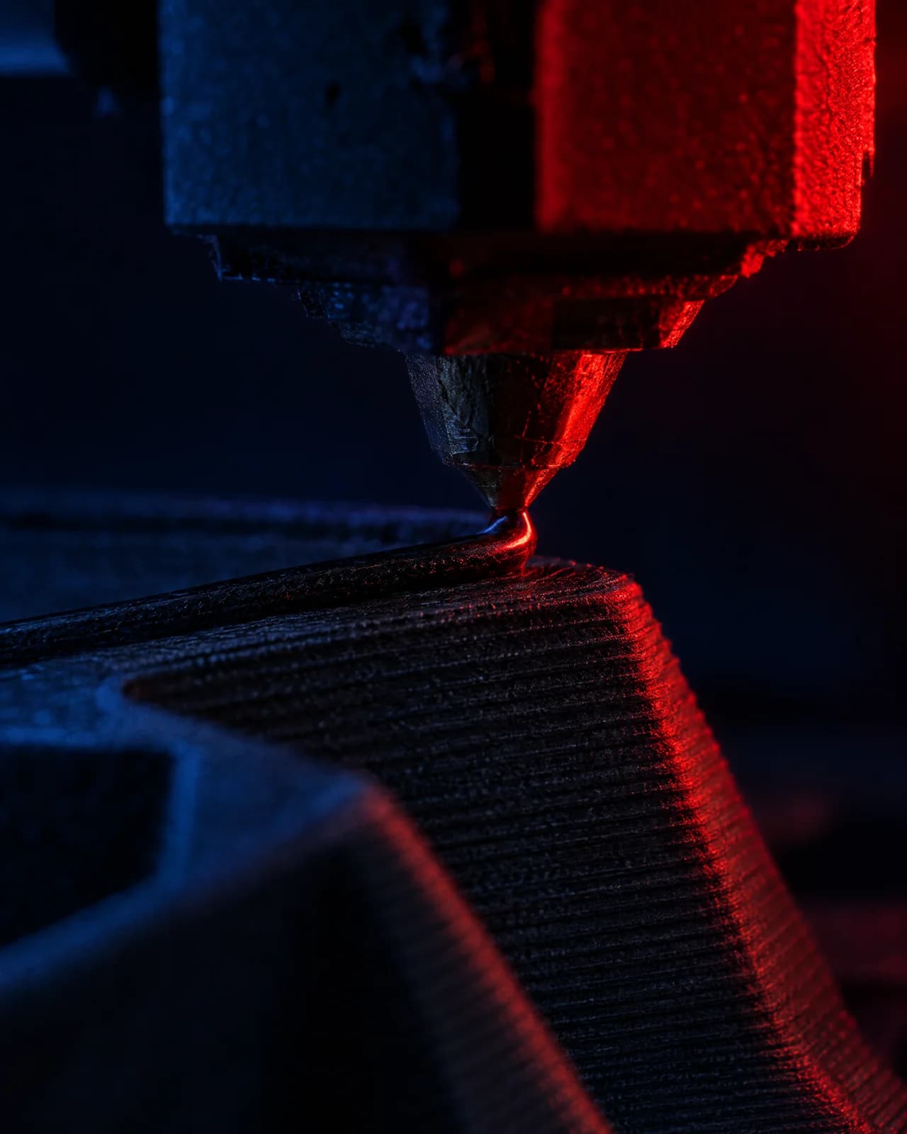 Close-up of a printer nozzle laying a glowing bead of carbon-fibre filament onto crisp layer lines