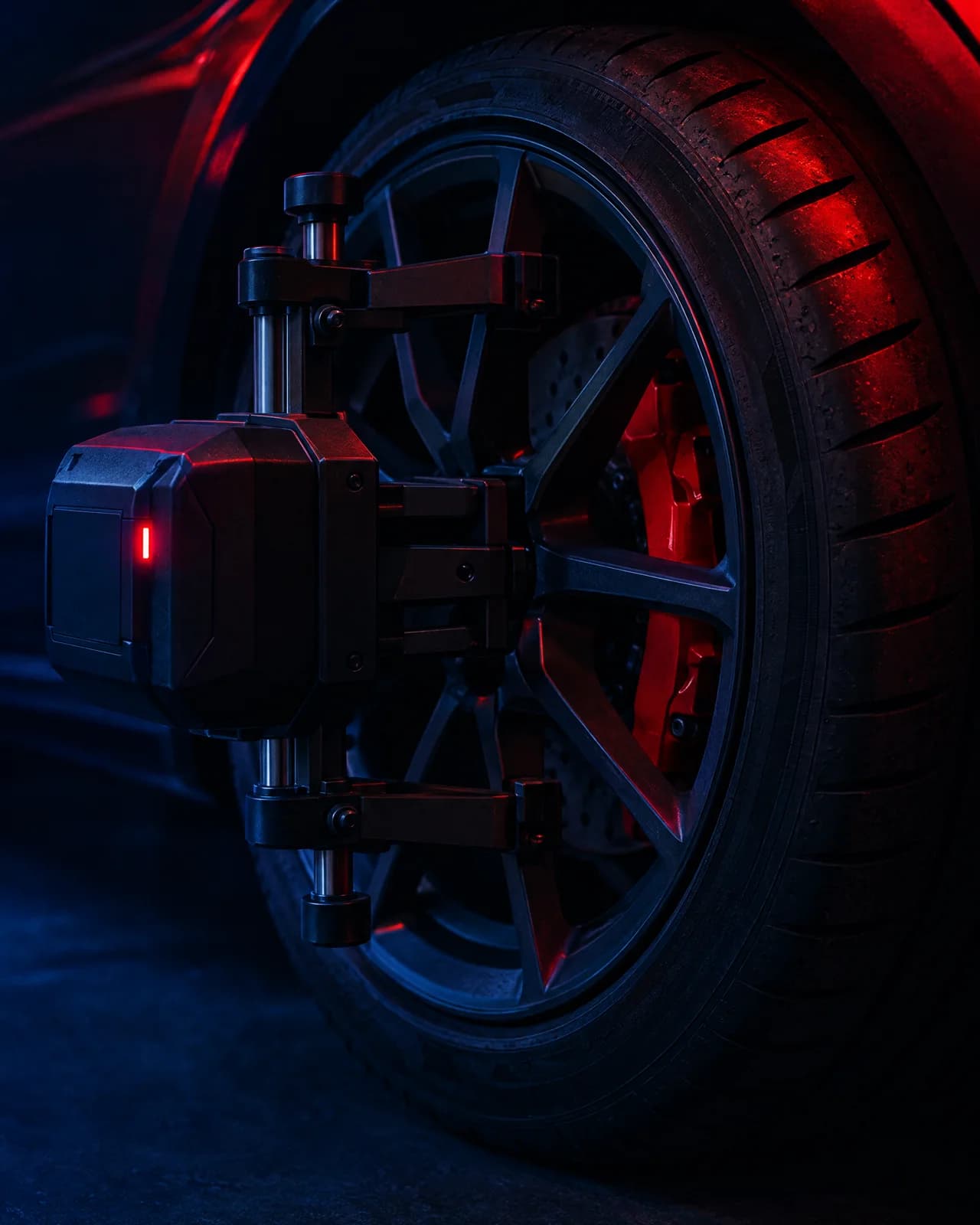 A laser alignment head clamped to a dark alloy wheel