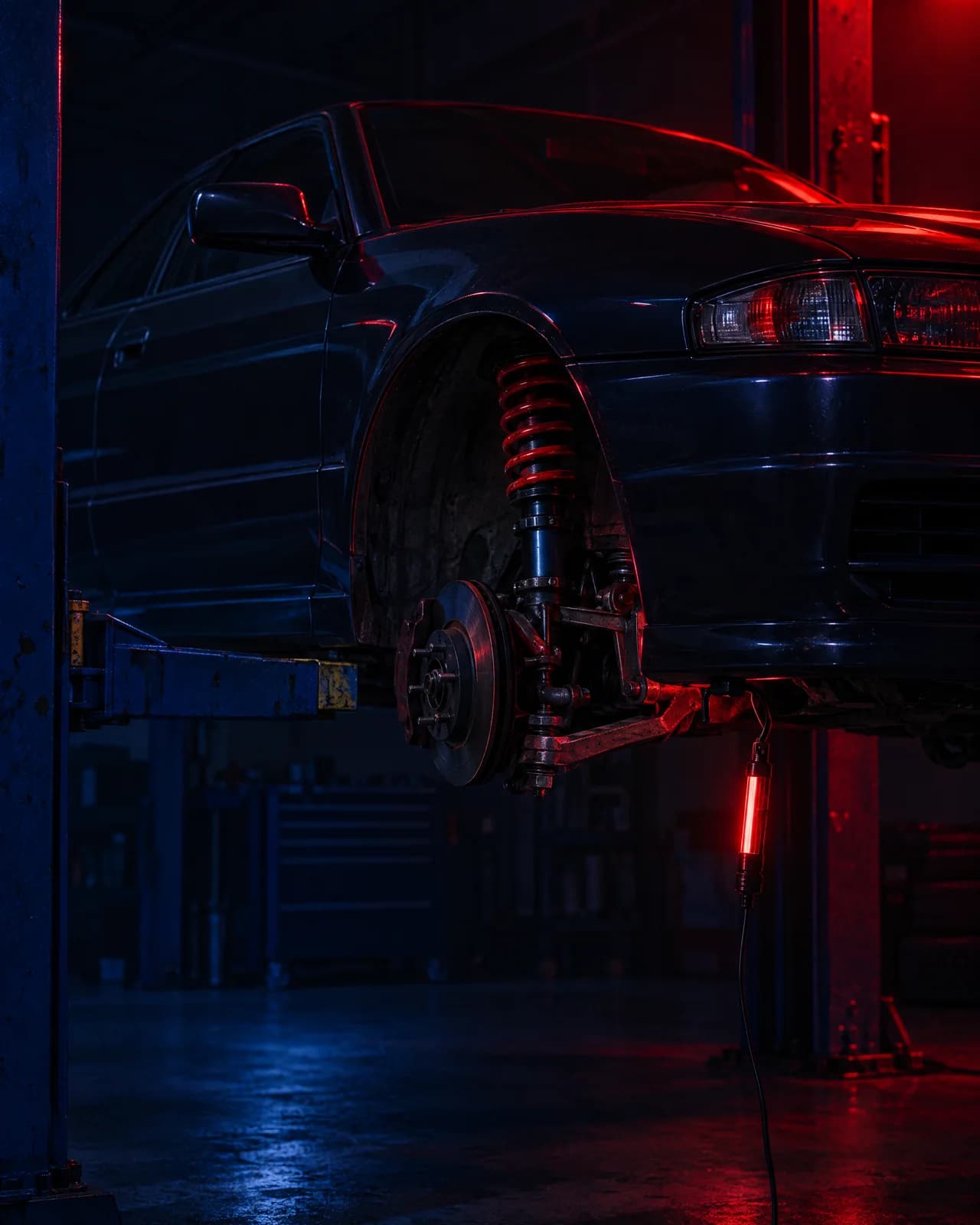 A sedan on a hoist with the front wheel removed and the coilover exposed