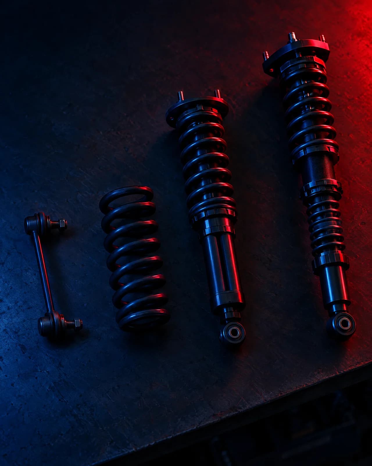 A sway bar link, a spring, a twin-tube coilover and a mono-tube coilover arranged as a ladder