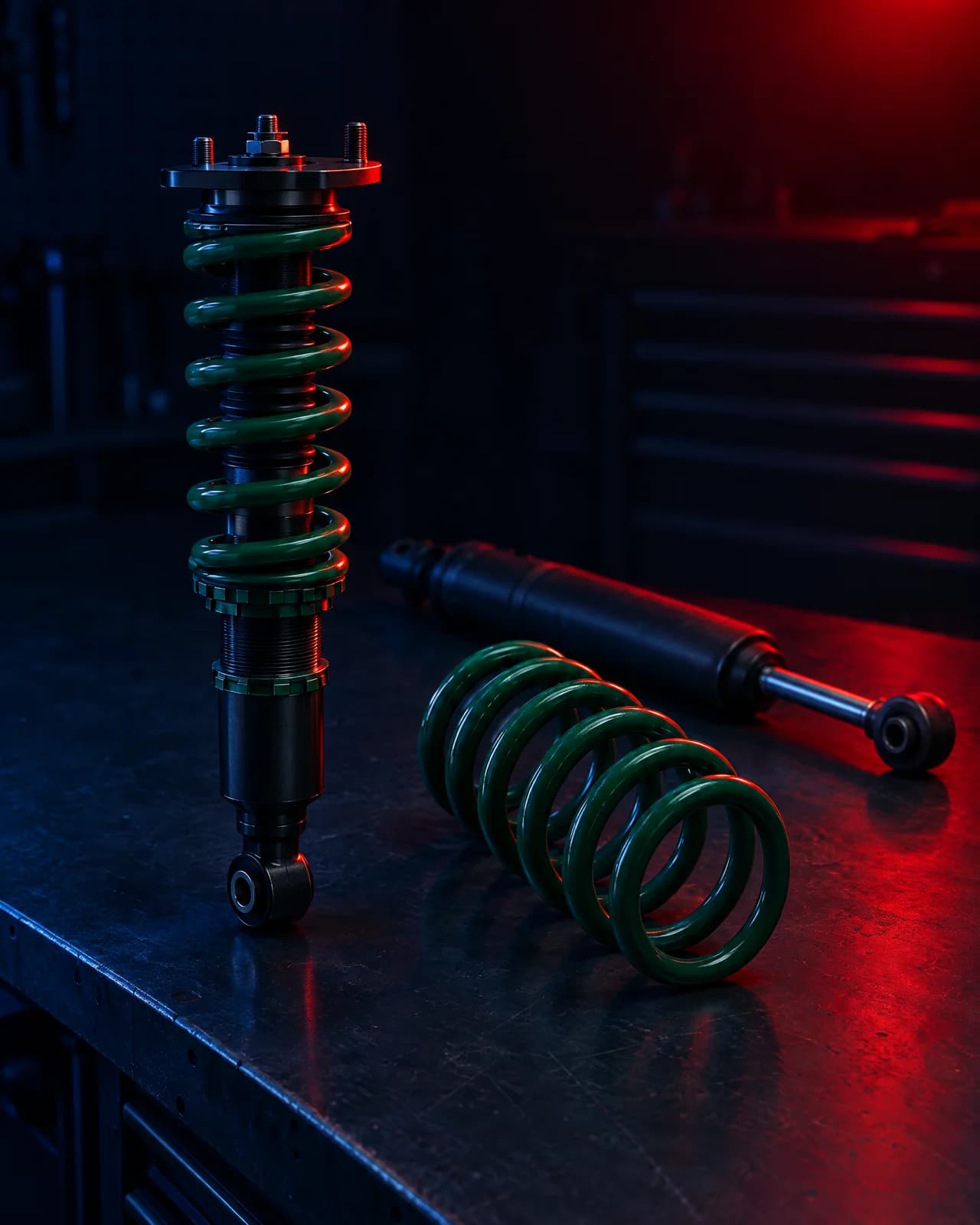 An adjustable coilover beside a lowering spring and a factory damper on a bench