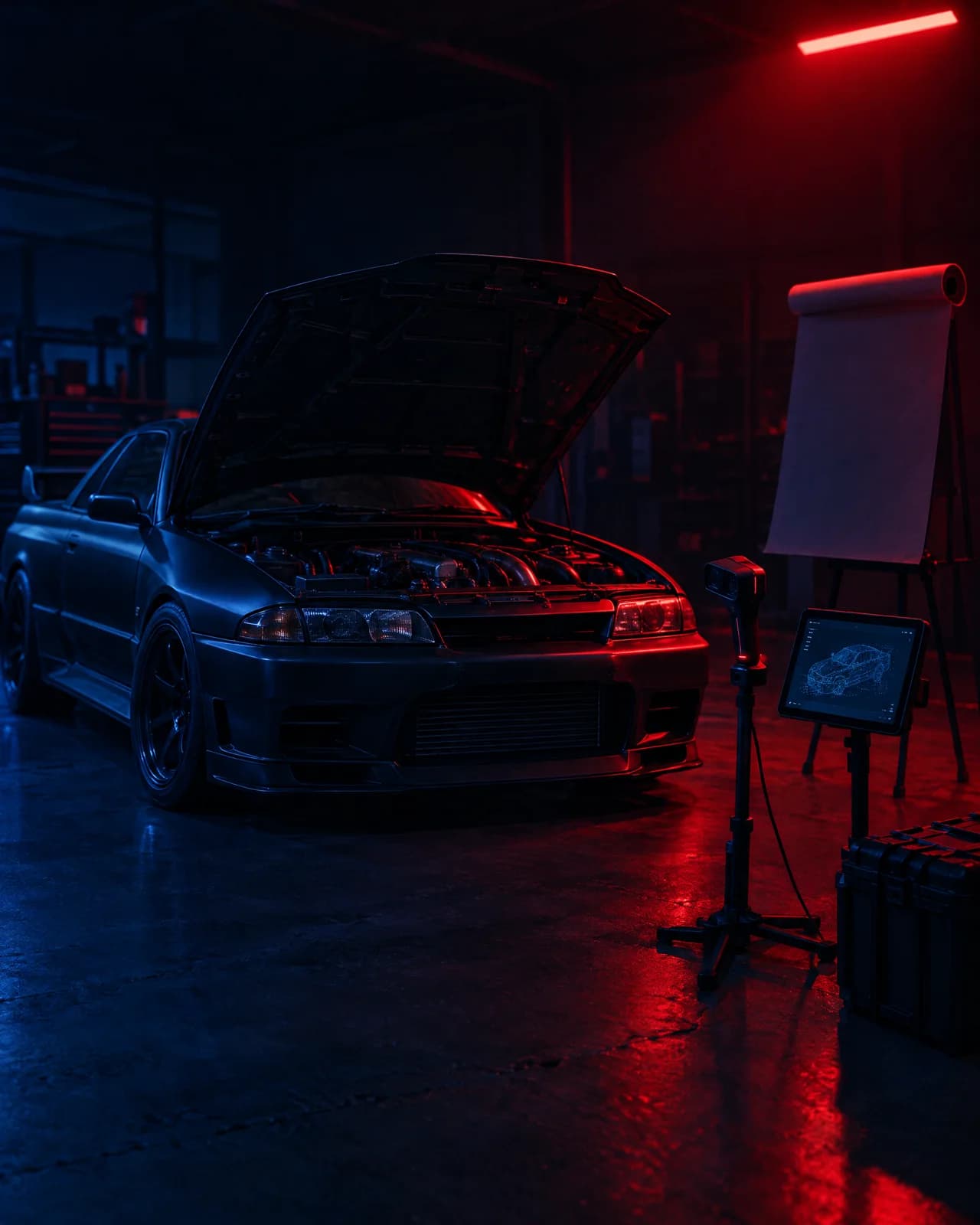 A performance car in the workshop with the bonnet up, a scanner and a tablet on a stand beside it