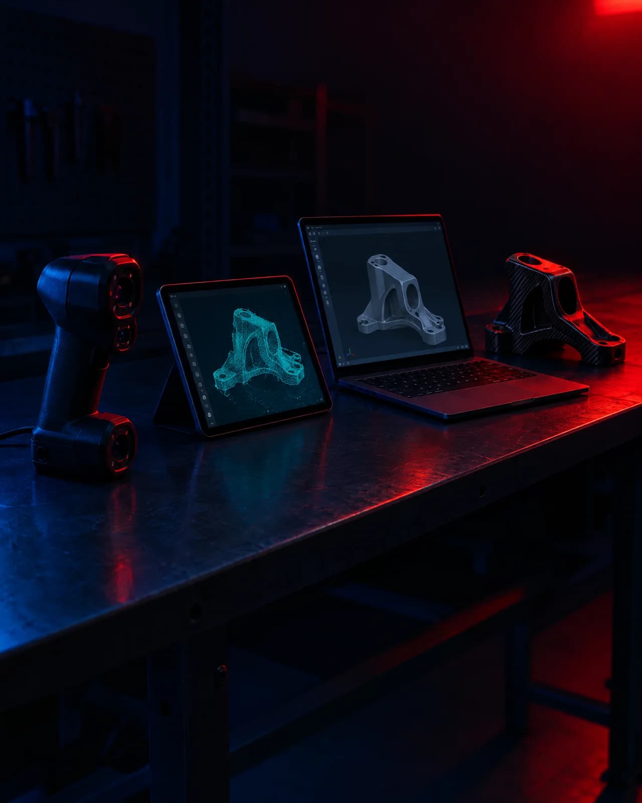 A scanner, a tablet with a scan mesh, a laptop with the CAD part and the finished printed part along one bench