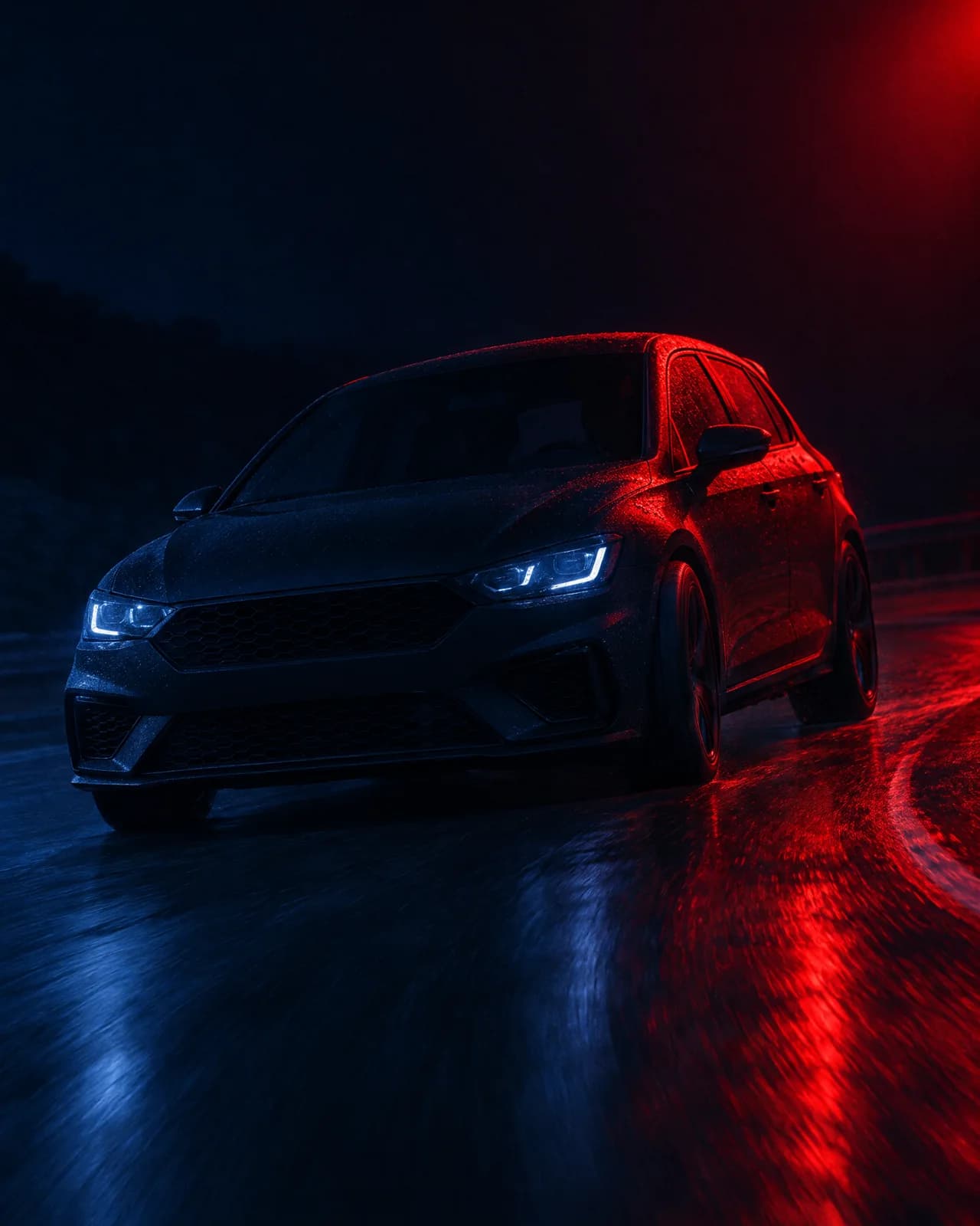 A hatchback cornering hard on a wet road at night with visible body roll