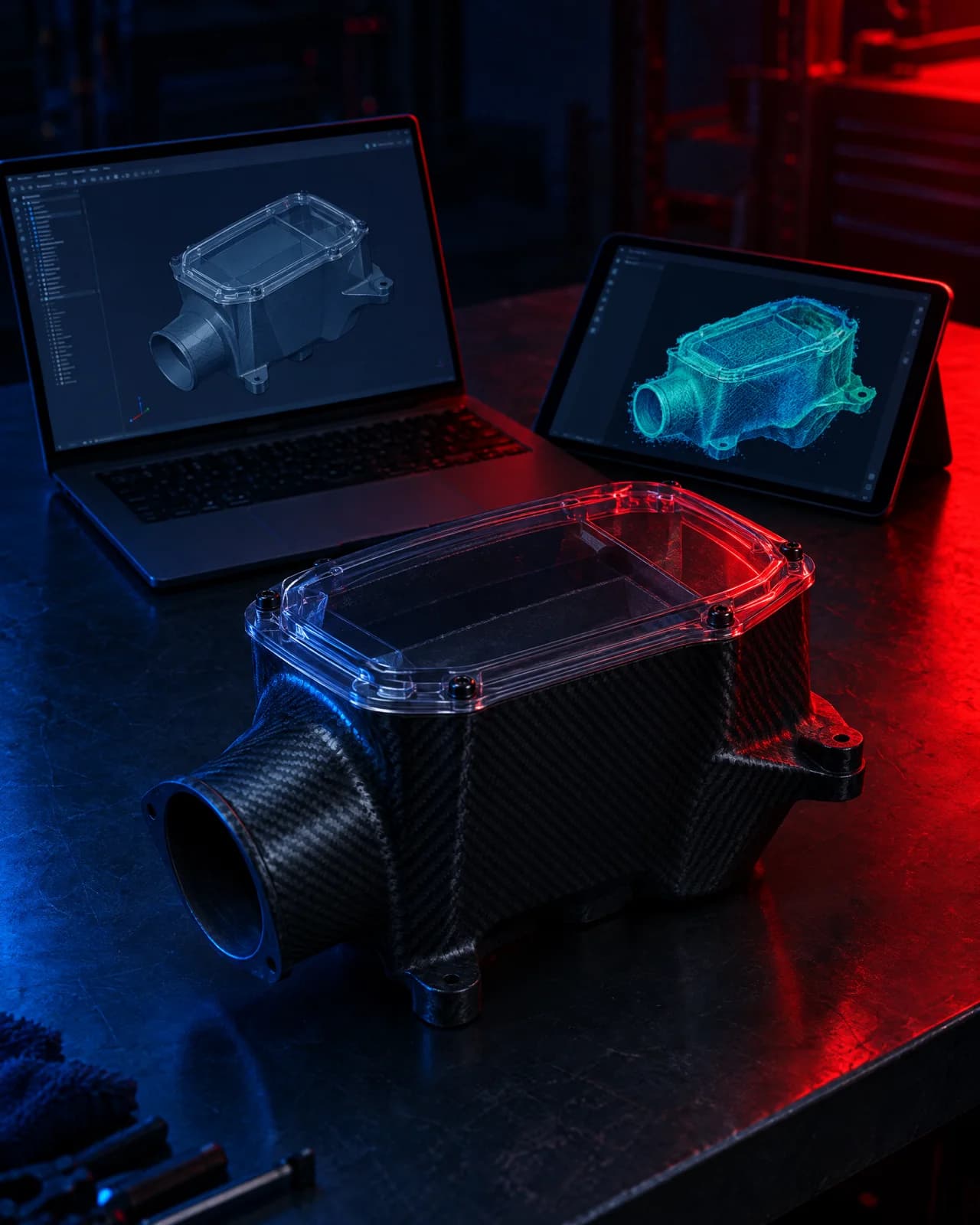 A finished printed airbox beside its CAD model and the scan it was designed over