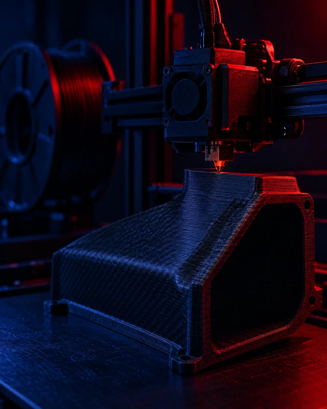 Industrial 3D printer laying down a black carbon-fibre part under a red key light