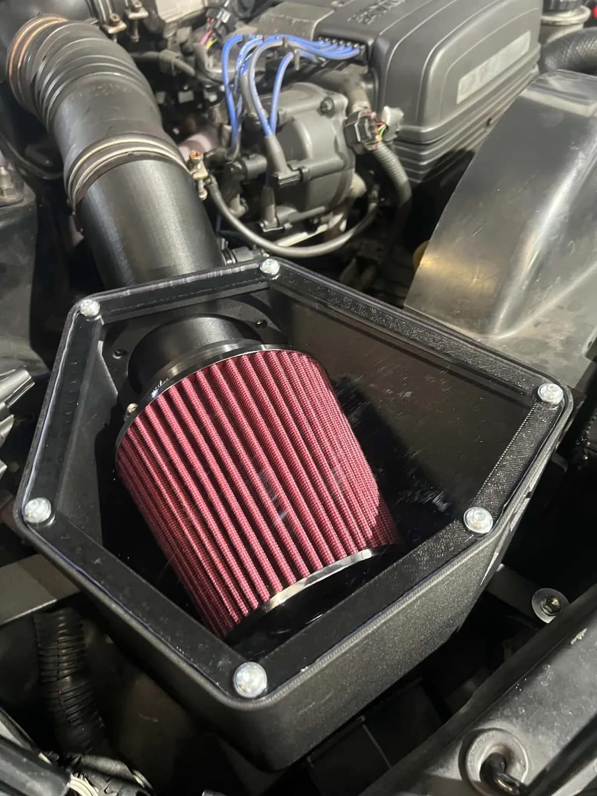 Roccomotive A80 Supra airbox with clear cover and high-flow filter fitted in a 2JZ-GE engine bay