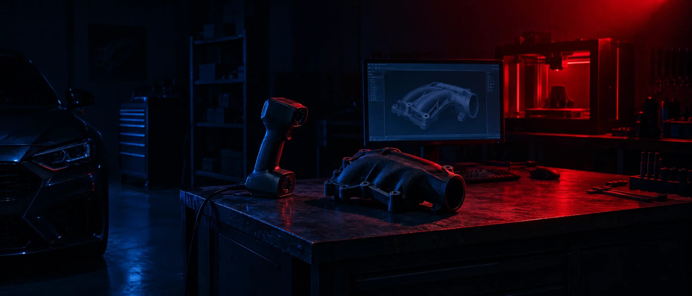 The Roccomotive workshop at night: a handheld 3D scanner and a printed intake on the bench, CAD on the monitor, a 3D printer running behind