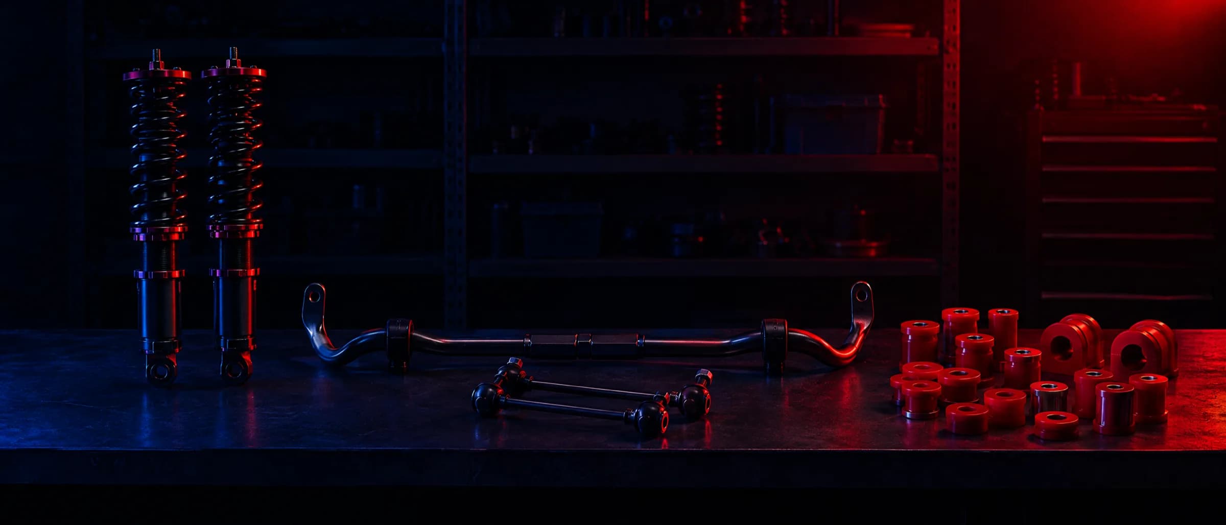 Coilovers, a sway bar and bushes along one long bench