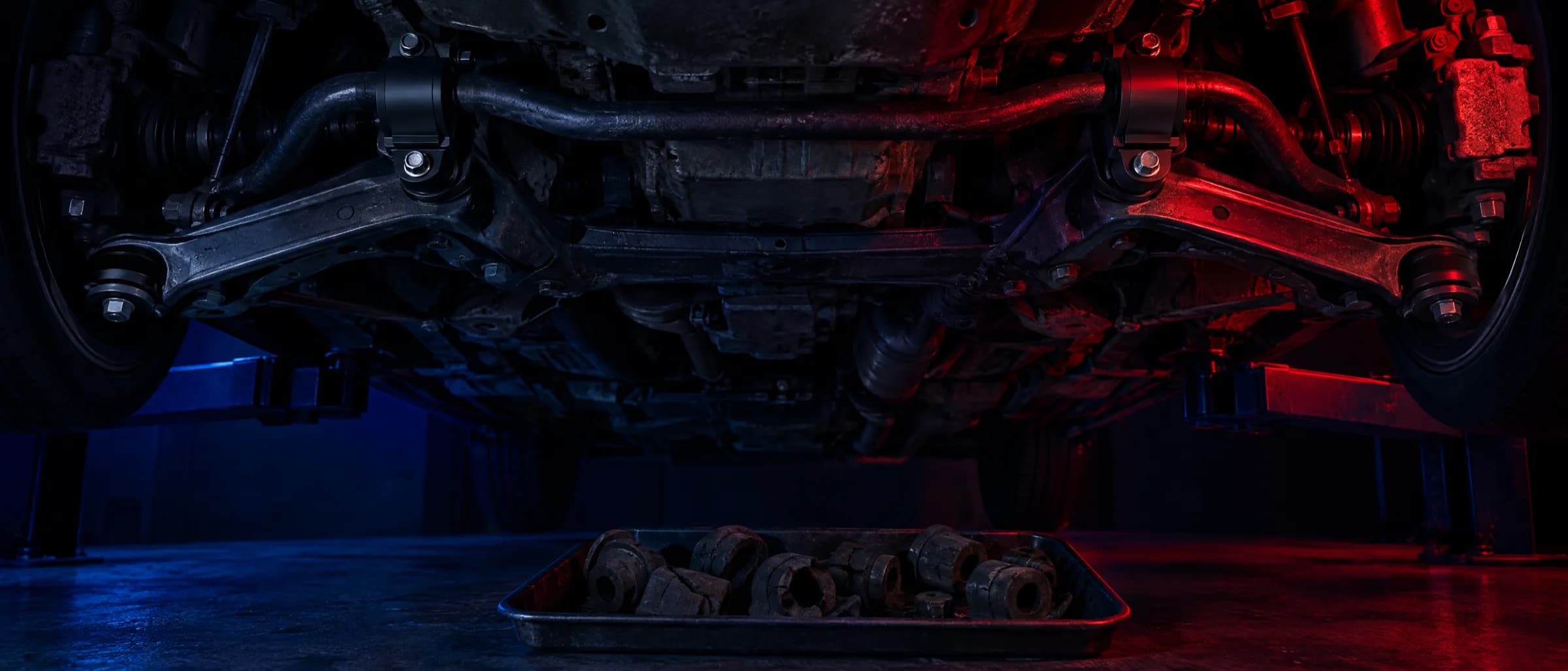 Fresh polyurethane bushes in the front control arms, the old rubber ones in a tray below