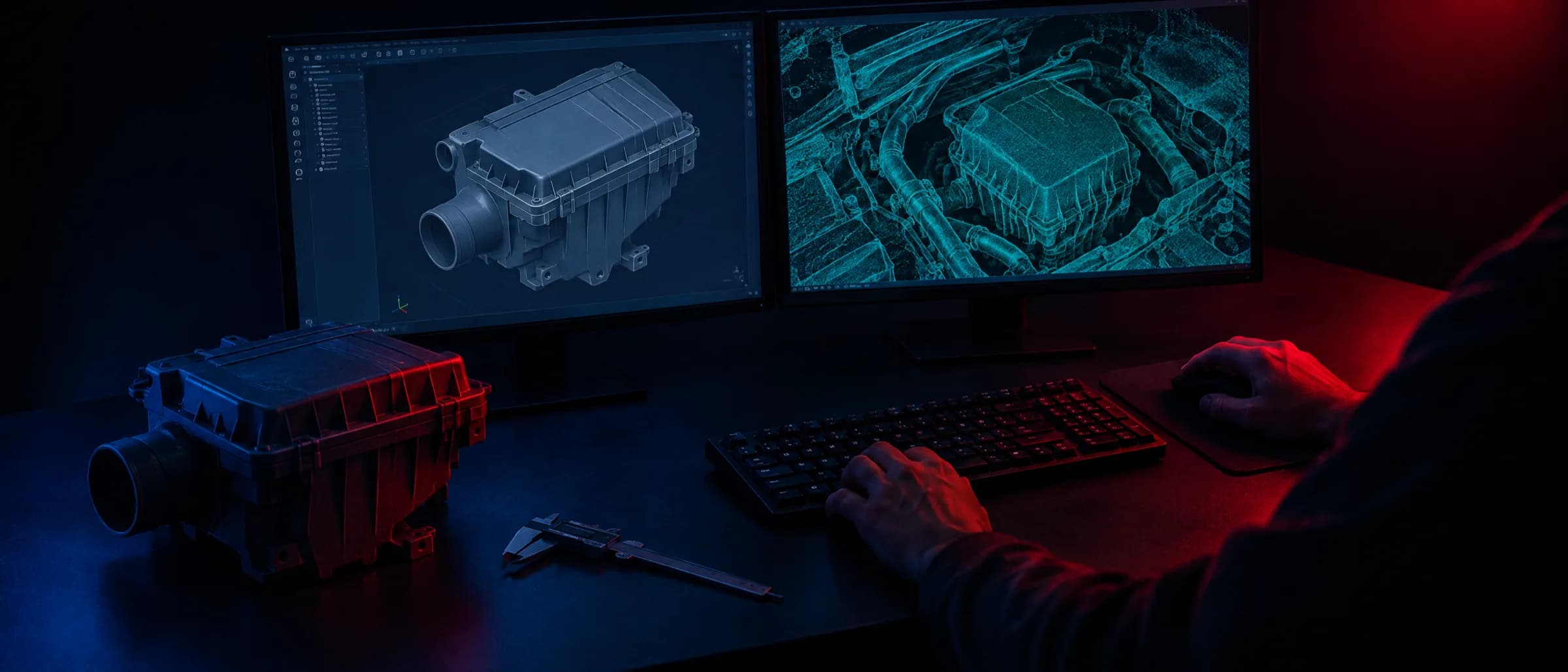 Two monitors showing a CAD airbox and the scan mesh it sits over, printed prototype beside the keyboard