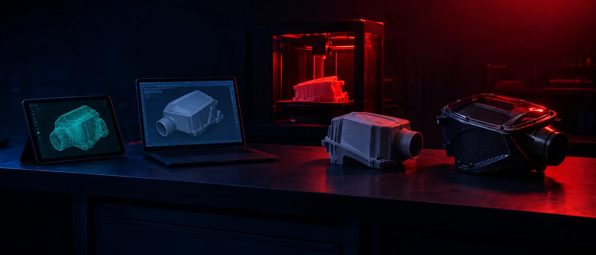 Scan tablet, CAD laptop, printer and finished airbox along one bench