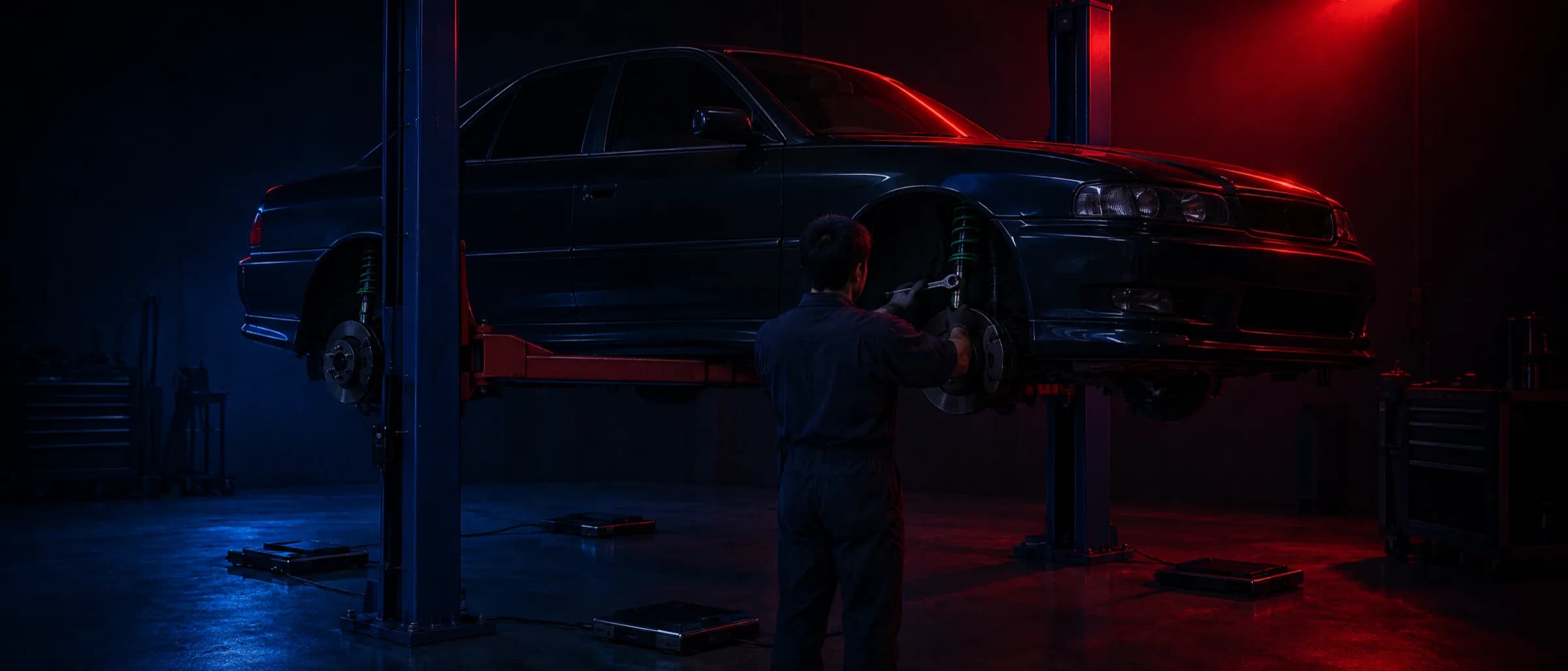 A sedan on a hoist with all four wheels off and new coilovers fitted, corner-weight scales on the floor