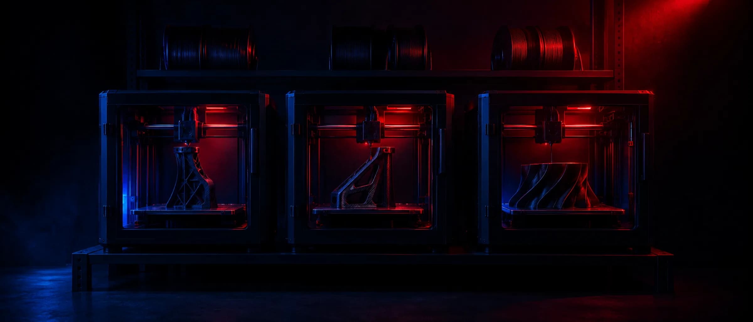 Three industrial 3D printers running in a dark room, black carbon-fibre parts mid-print