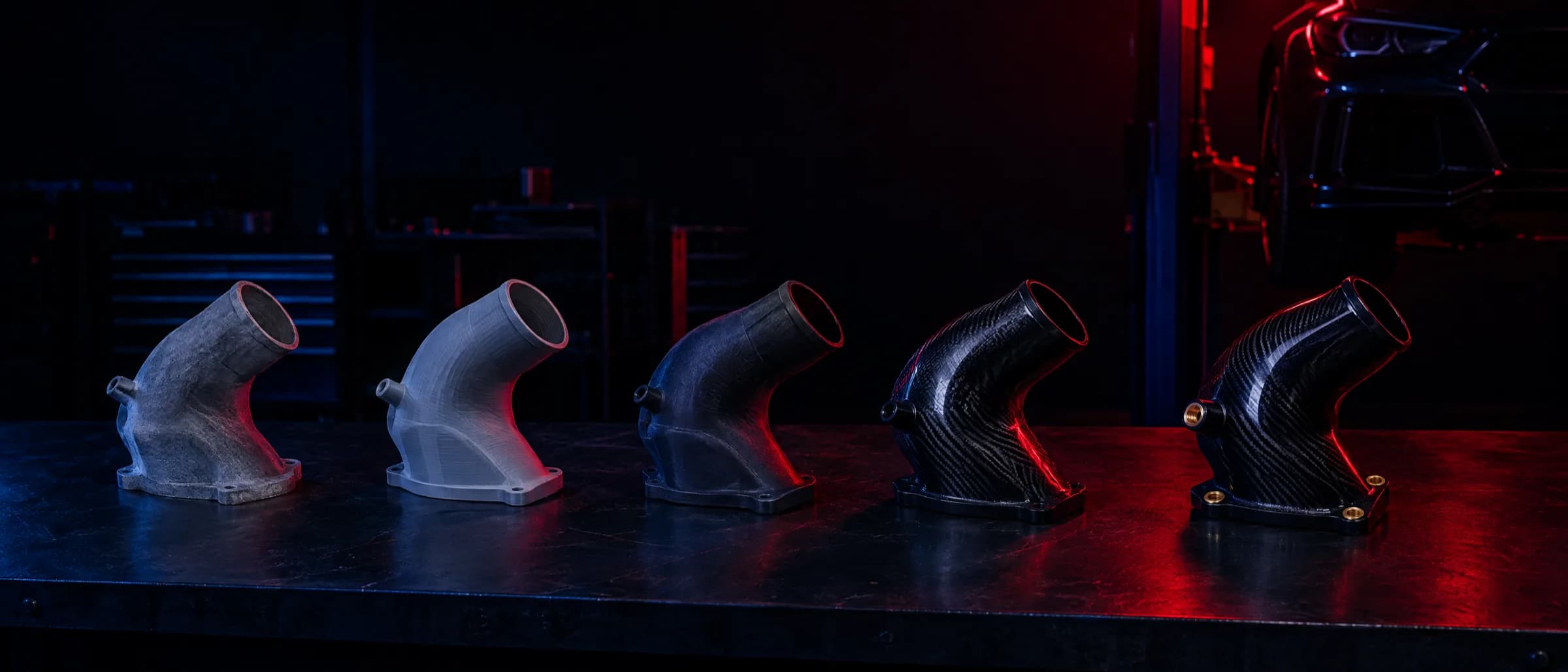 Five iterations of a printed intake pipe lined up from rough draft to finished part