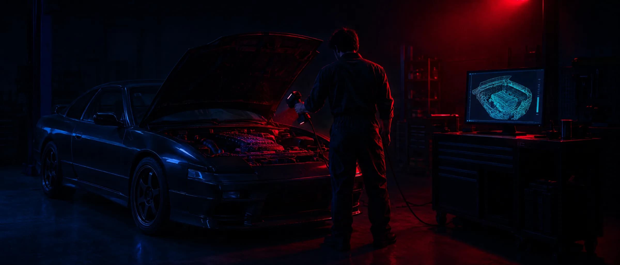 A technician scanning an engine bay while the mesh builds on a bench monitor
