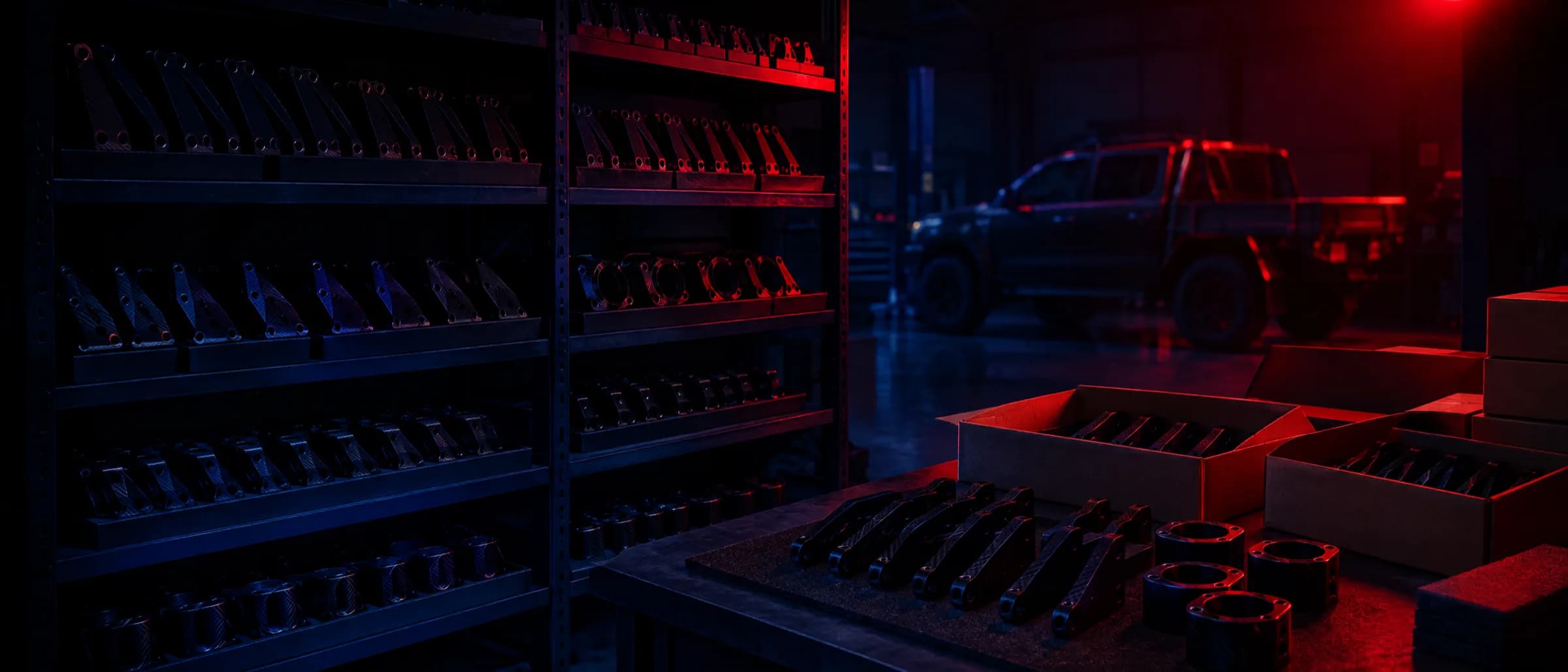 Shelves of identical printed parts and a batch being boxed for a workshop